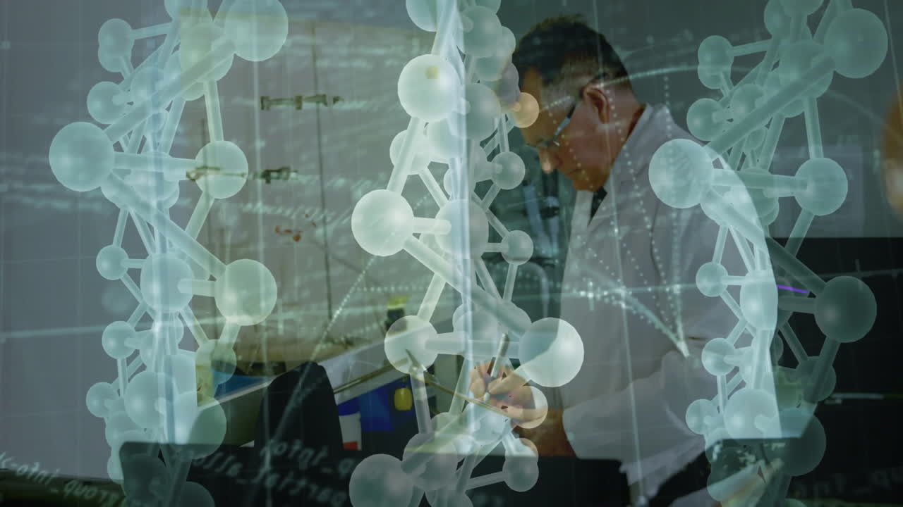 senior male scientist working at lab bench with flasks, overlaying DNA helix graphics for research
