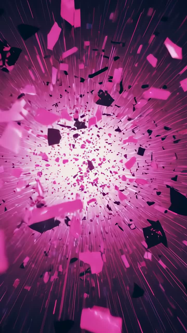 Vertical video: Exploding dark shards swirling around pink core in field, emitting radiant beams