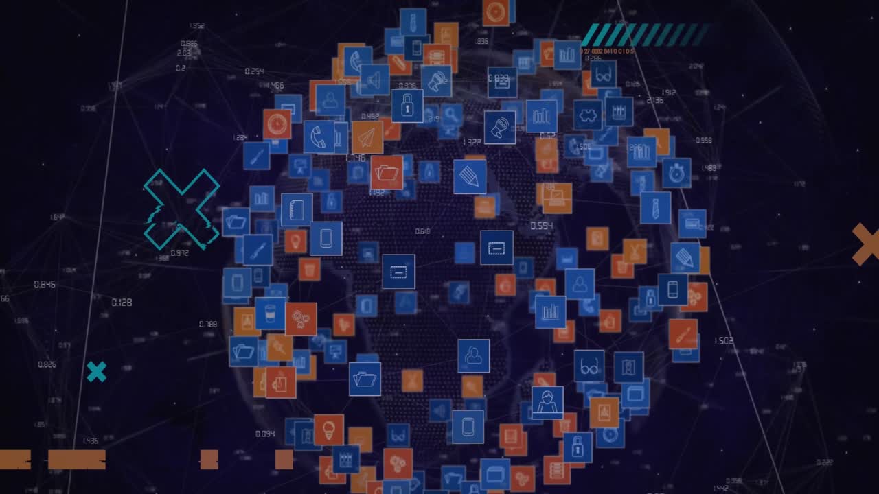 Animation of data processing and globe of digital icons spinning against black background