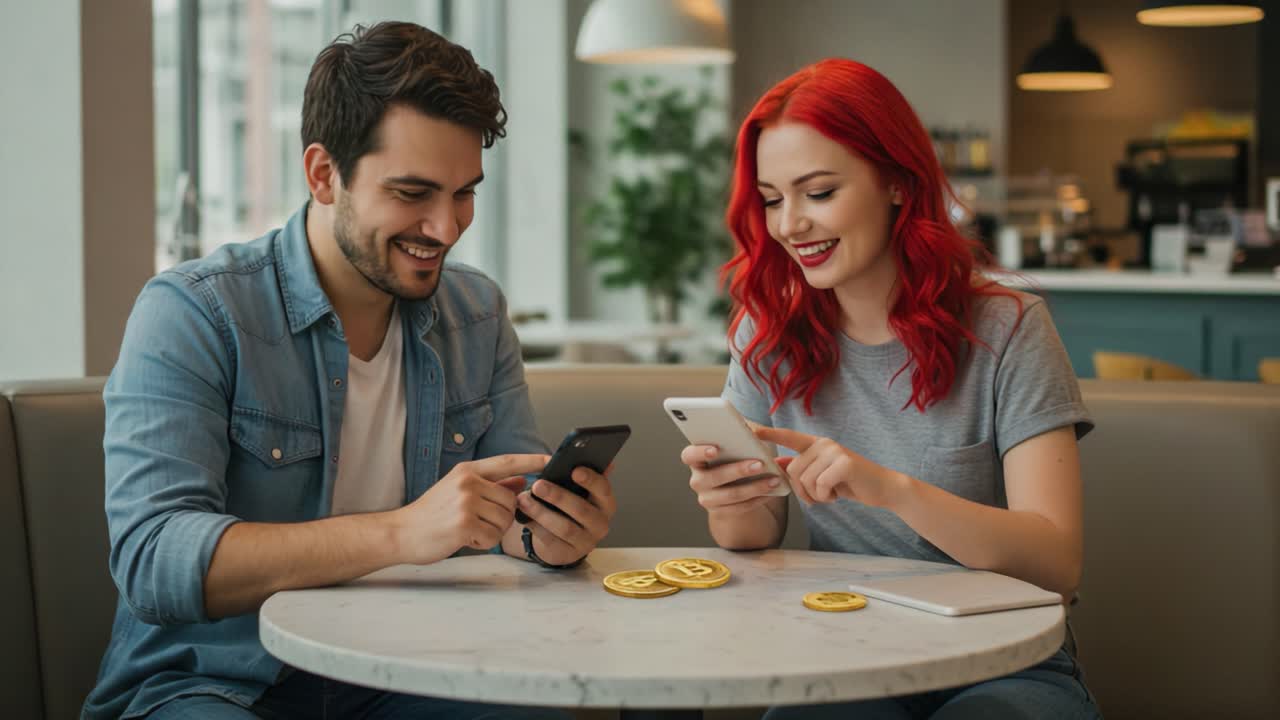 Engaging Conversation Over Coffee: A Smiling Couple Sharing Insights While Using Smartphones in a Cozy Cafe Setting with Gold Coins on the Table