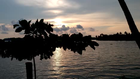 Hermosa-Toma-Aérea-De-Un-Lago-Vembanadu-De-Remanso,-Puesta-De-Sol,-Cocoteros,-Transporte-De-Agua,-Nubes,-Cielo-Azul,-Líneas-De-Agua,-Crepúsculo