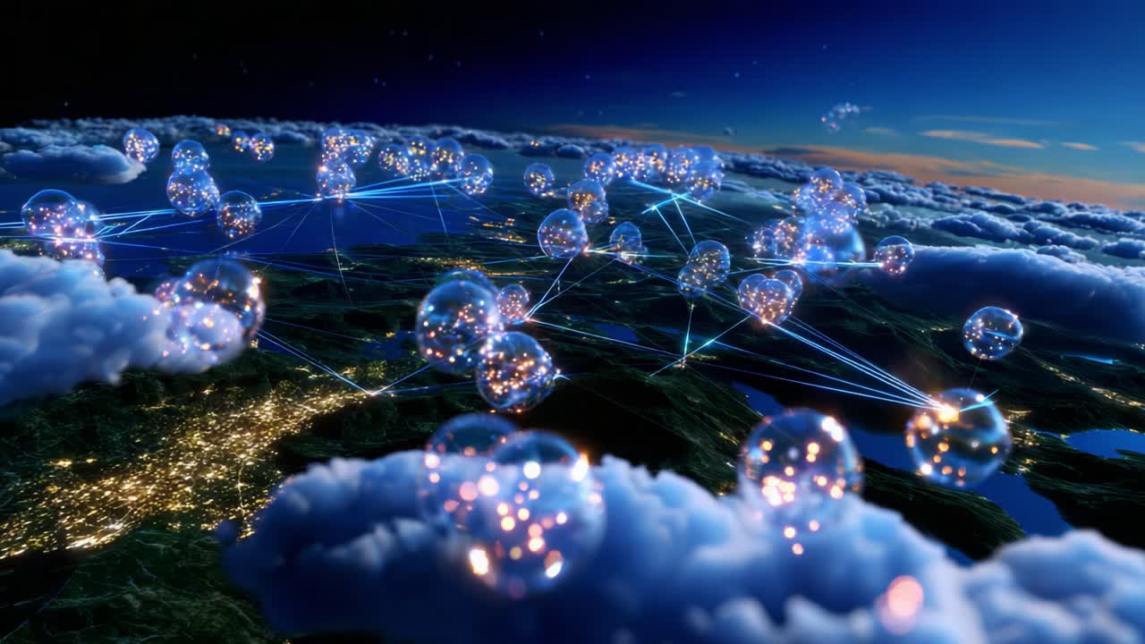 A Stunning Digital Visualization Showcasing Networked Connections Above a Cloudscape, Featuring Illuminated Bubbles Representing Data Exchange and Global Communication in a High-Tech Environment