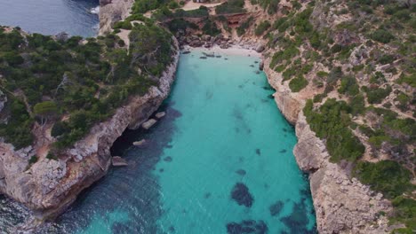 tilt up shot of cove cala s´almonia mallorca with no people, aerial