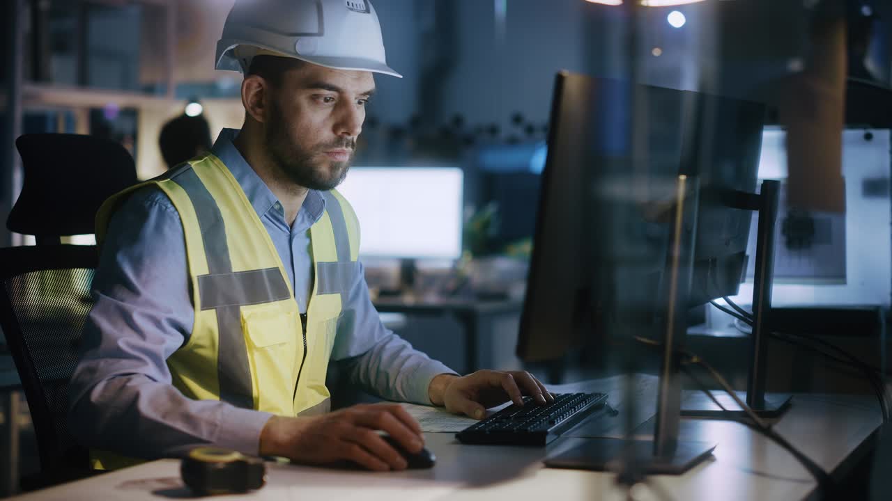 fábrica de diseño electrónico: retrato de un ingeniero masculino guapo con chaleco de seguridad trabajando en una computadora, desarrollando microchips industriales, semiconductores, procesadores de fabricación. tiro de arco