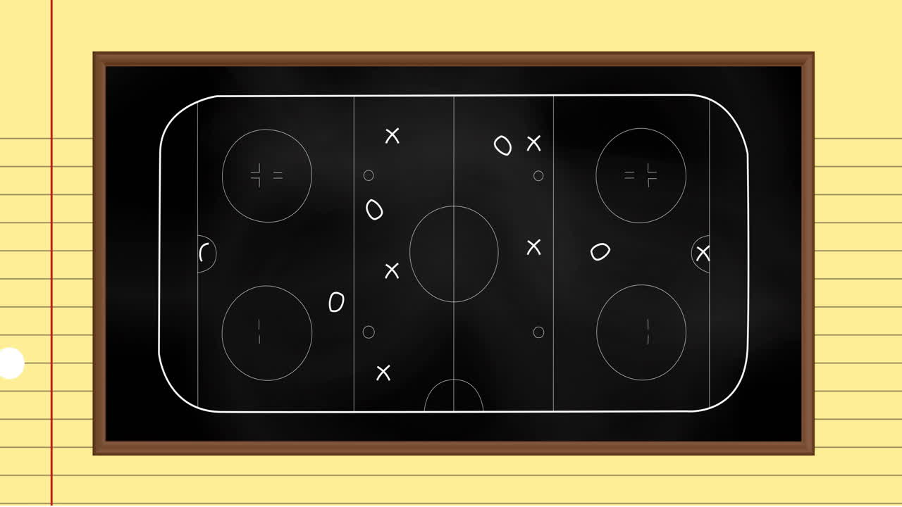 animación de un campo deportivo de hockey sobre hielo con dibujos de tácticas y estrategias en un fondo de papel regido
