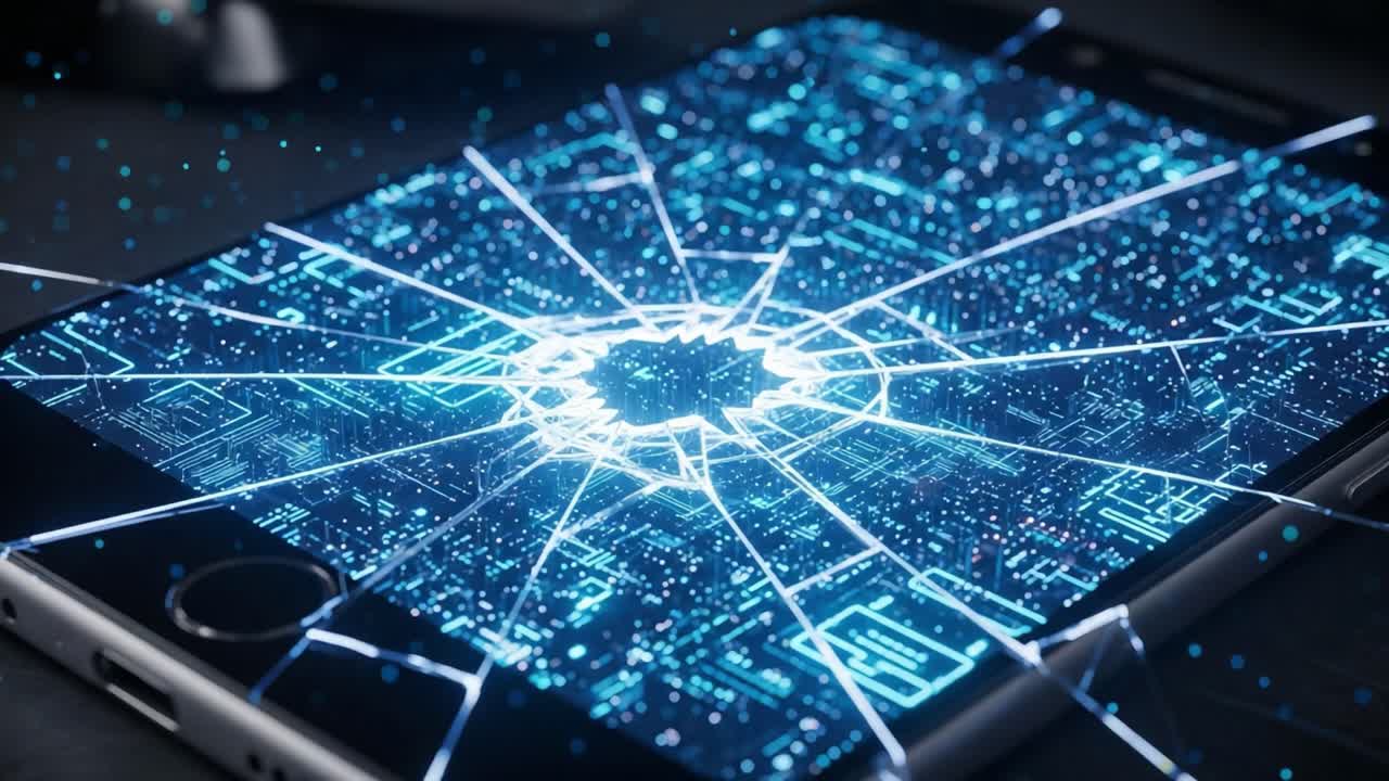 A Futuristic Representation of a Cracked Smartphone Screen Displaying Intricate Digital Patterns and Data Flow in an Abstract Blue Environment
