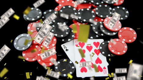 animation of confetti and american dollar bills falling on gambling chips and playing cards