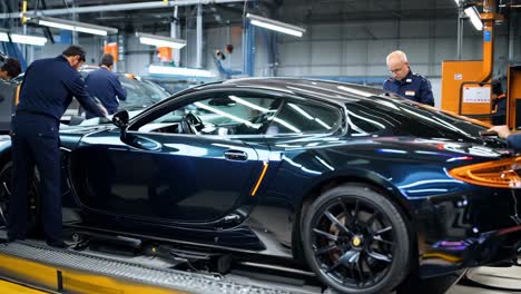 workers assembling a luxury sports car at a modern manufacturing facility