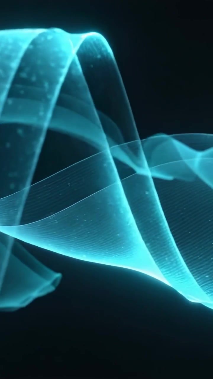 Vertical video: Entering from left, cyan ribbon curling into loops in dark void with lit particles