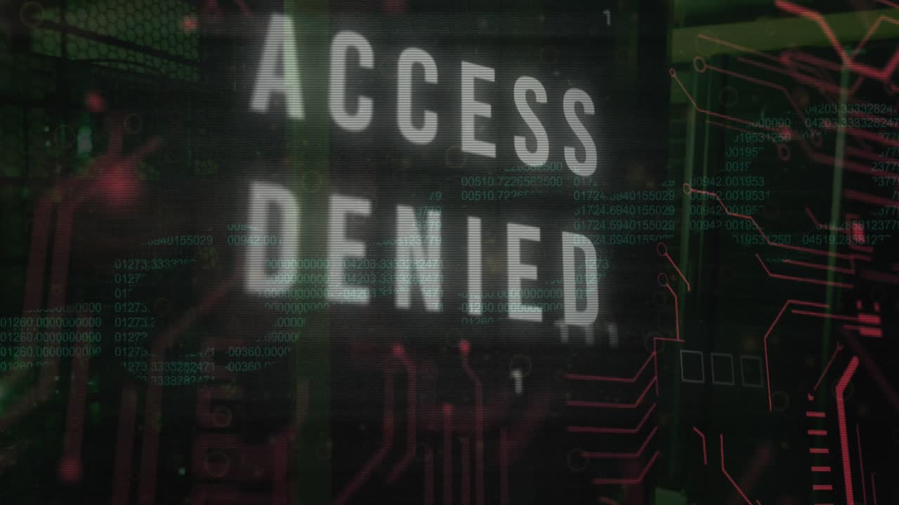 Animation of x mark on excess denied text with binary codes and computer language over circuit board