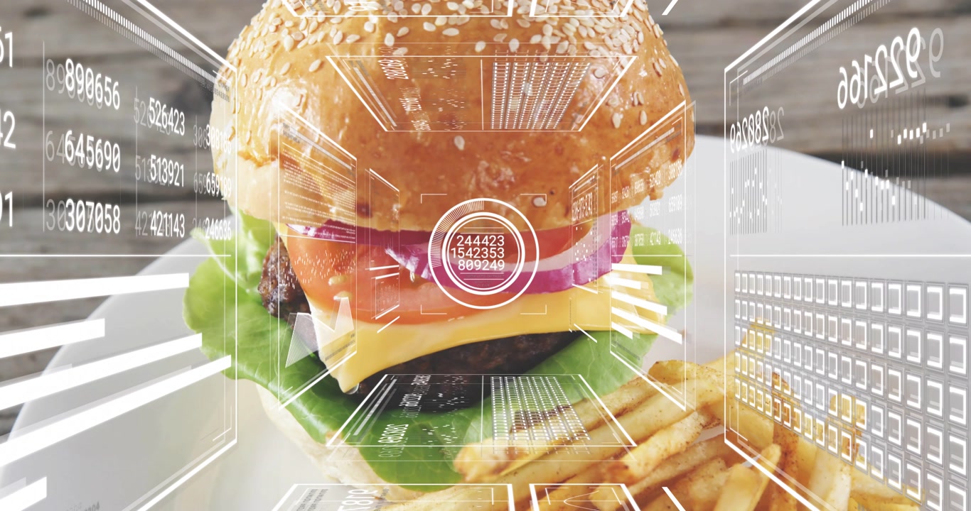 HUD activating, numbers and grids expanding, burger zooming, HUD fading to highlight burger