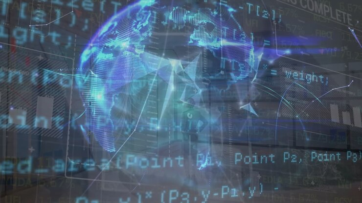 Animation of data processing over businesswoman in office