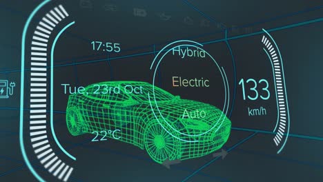 animation of speedometer with texts, changing numbers over 3d model of car against black background