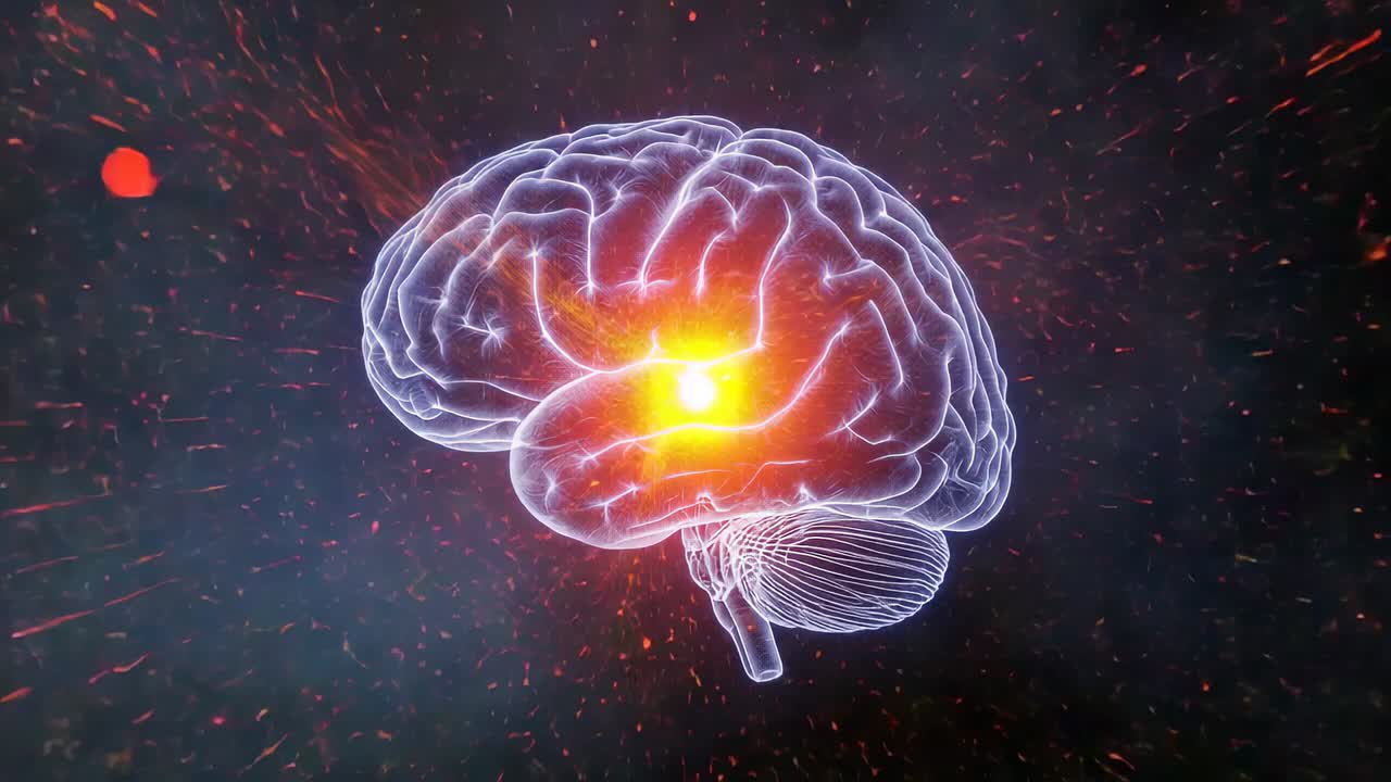 Semi-transparent 3D digital brain model pulsing core then rotating in dark void, streaming embers