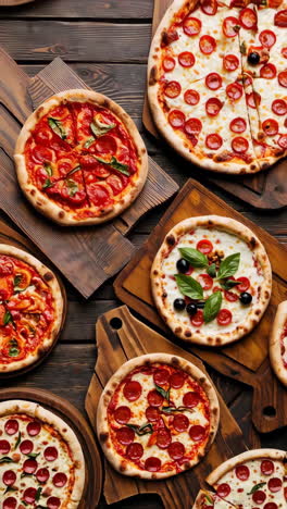 delicious pizzas on wooden boards