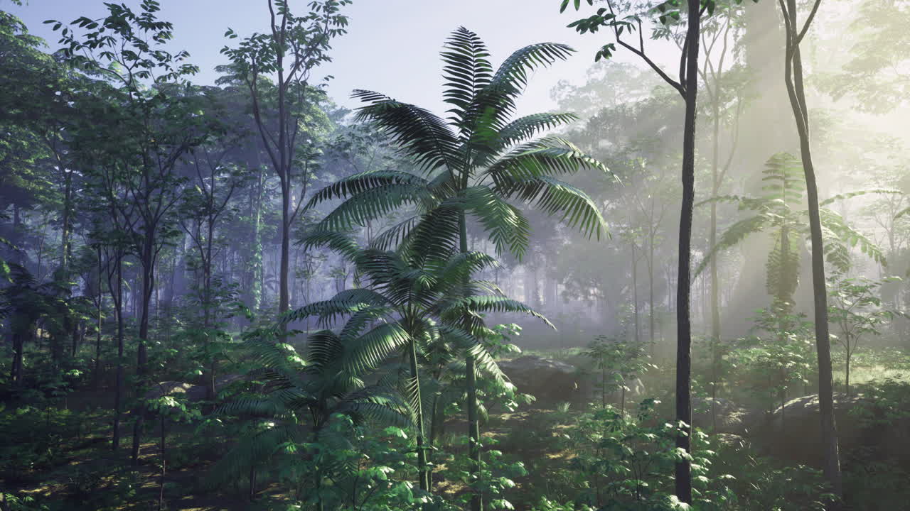 Lush green ferns and trees illuminated by morning light in a vibrant forest