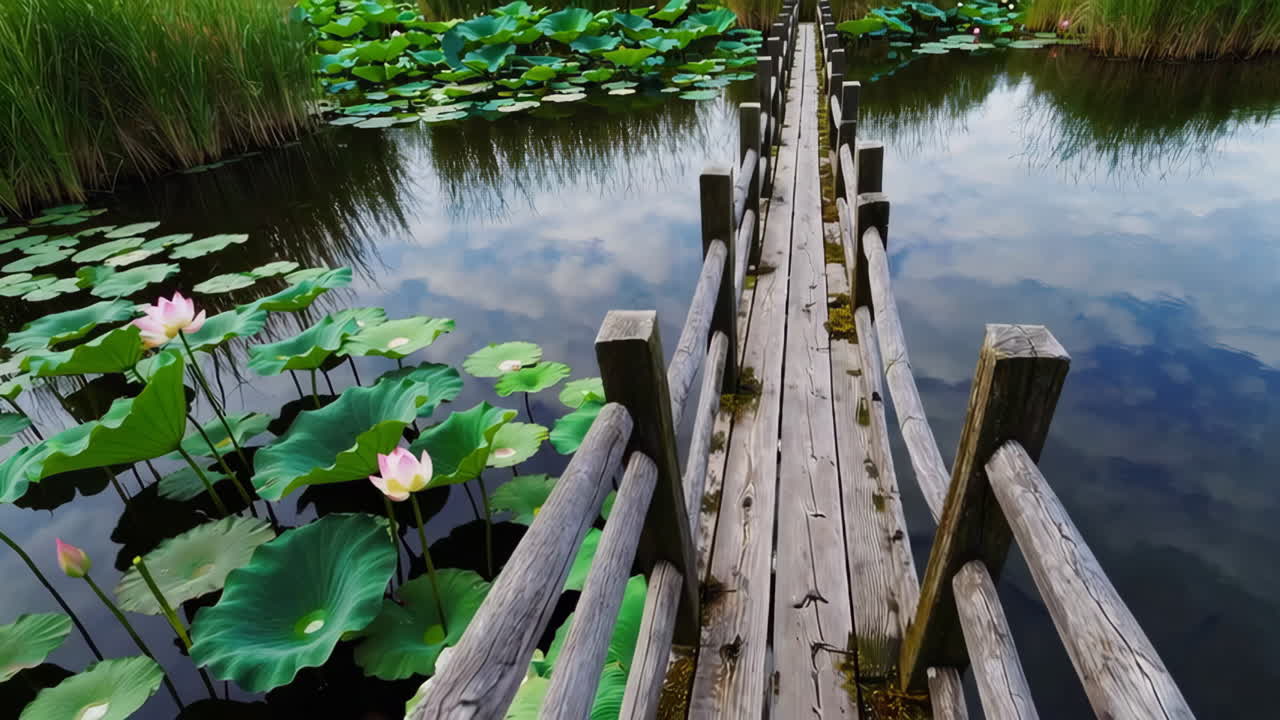 Wooden Bridge Over a Lotus Pond