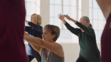 yoga class of healthy mature women practicing warrior pose enjoying morning physical fitness workout in studio