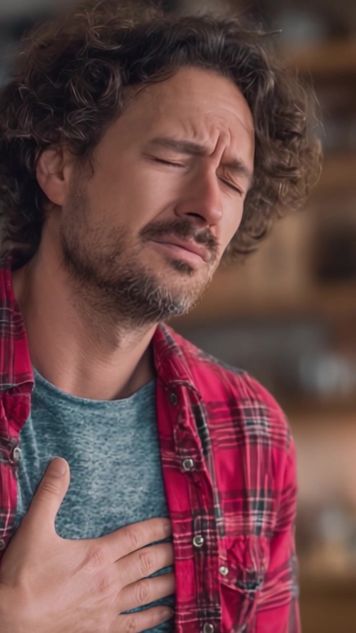 Un uomo che prova disagio, stringendosi il petto con un'espressione di dolore, raffigurando una lotta emotiva o fisica in un ambiente caldo e accogliente.