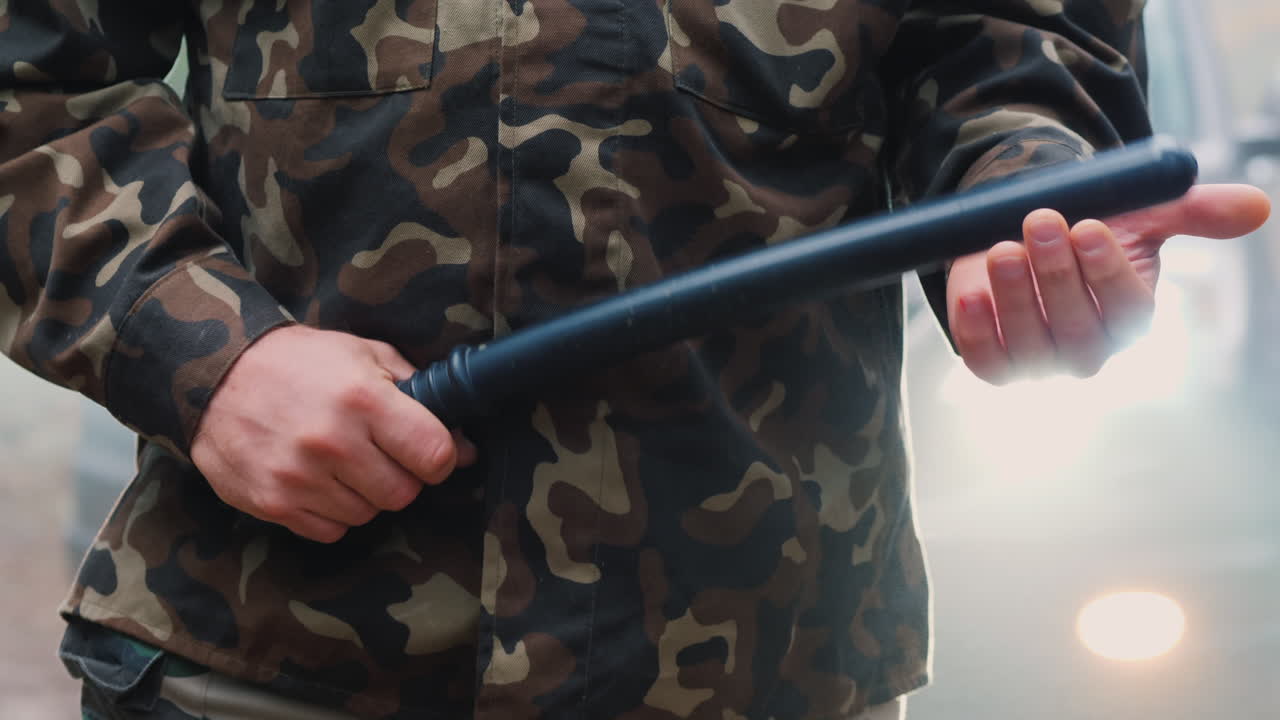 고무 배턴으로 위장한 남자가 그의 팔을 때린다