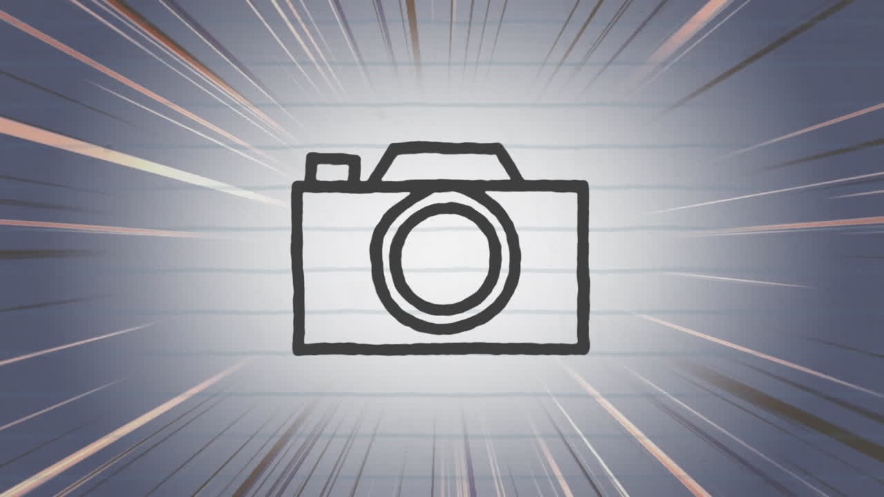 검은색 윤 ⁇  카메라 아이콘의 애니메이션은 그래디언트 배경에 마커로 손으로 그려져 있습니다.