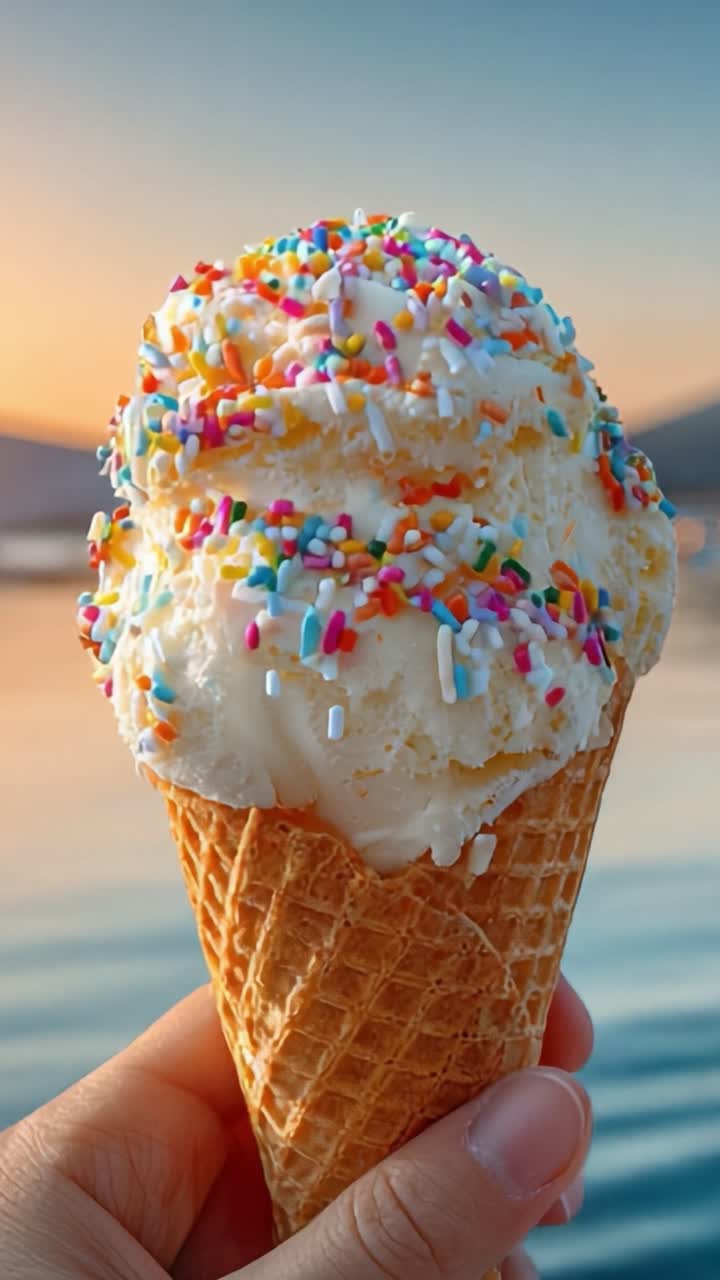 Delizioso cono gelato con codette colorate su uno sfondo panoramico al tramonto, catturato perfettamente per mostrare la gioia e il piacere dell'estate.