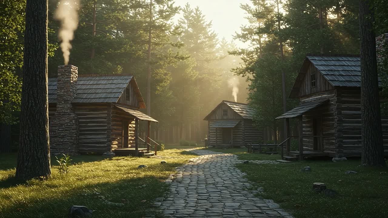 A Serene Morning in a Rustic Forest: Log Cabins Evoke Tranquility and Nostalgia Amidst Lush Greenery and Soft Sunlight Filtering Through Tall Trees