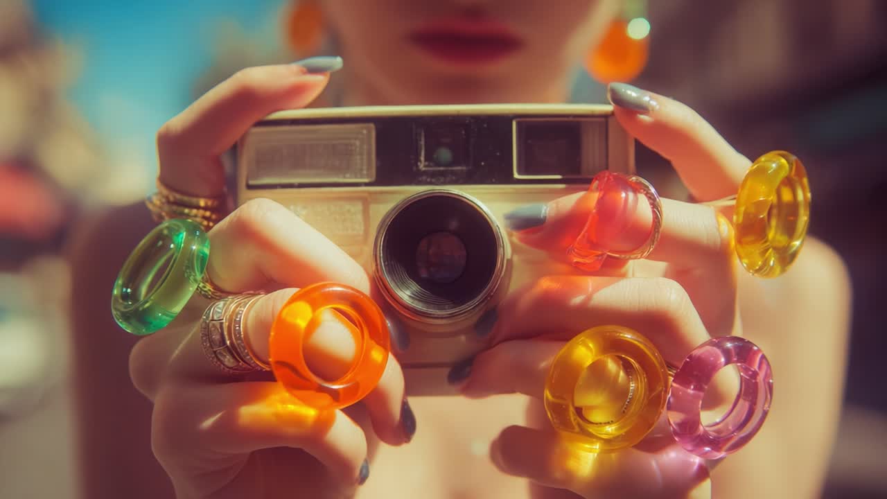 Capturing Moments: A Close-Up of a Young Woman Holding a Vintage Camera, Adorned with Colorful Acrylic Rings, Radiating a Playful Vibe Against a Softly Blurred Urban Background