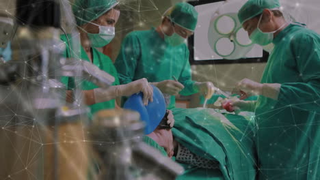 medical team performing surgery with network connections animation over scene