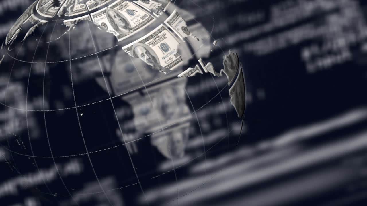 Animation of rotating globe with dollars and data processing in black background