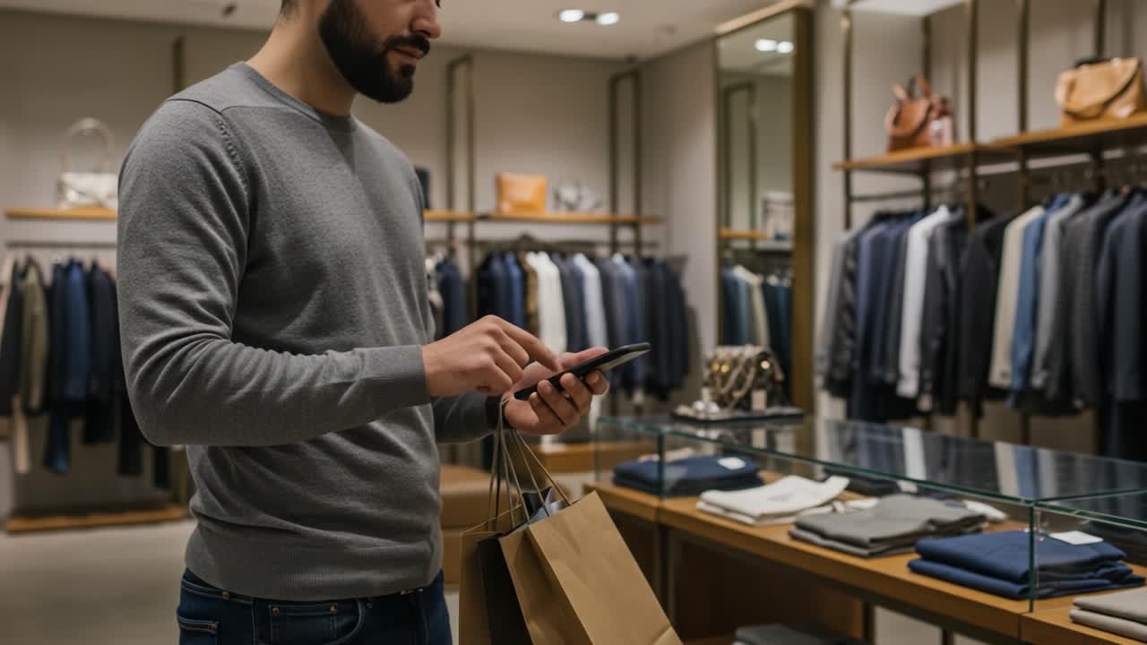 A Fashion-Conscious Shopper Engaged with His Mobile Phone While Holding Brown Shopping Bags in a Stylish Clothing Store with Merchandise Displayed