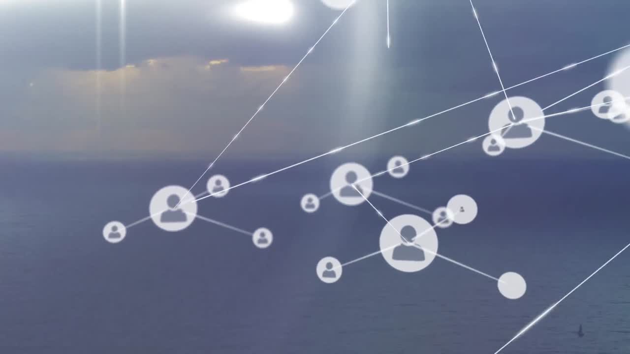 태양과 구름이 가득한 하늘에 대한 바다의 공중 풍경 위에 있는 선으로 연결된 아이콘의 애니메이션