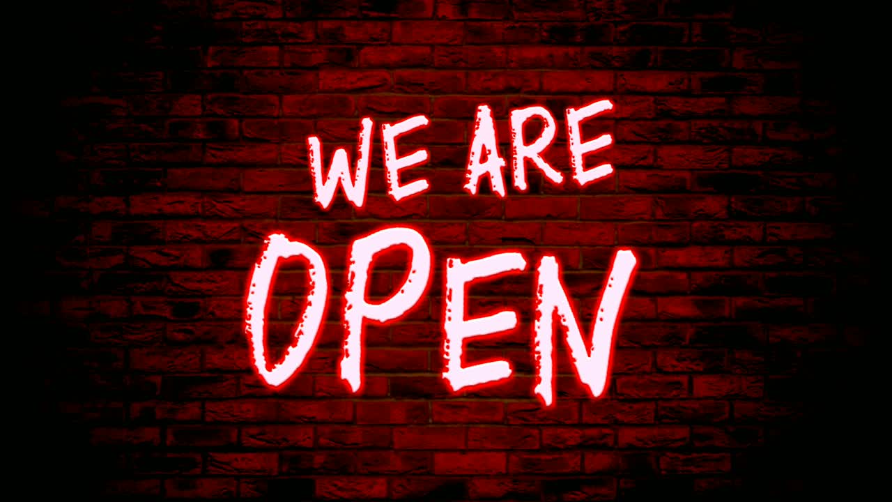 벽돌 벽 배경으로 열린 네온 빛 텍스트 애니메이션 모션 그래픽