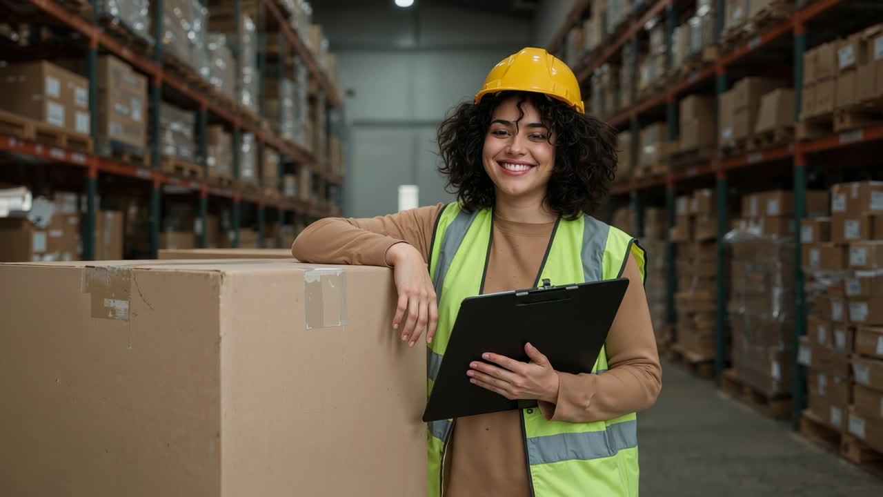 Smiling Female Warehouse Worker with Clipboard
