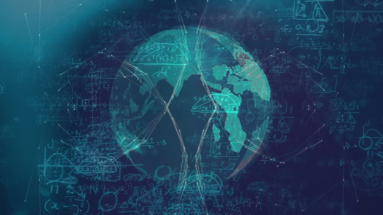 파란색 배경에 지구 위에 떠다니는 수학적 방정식의 애니메이션