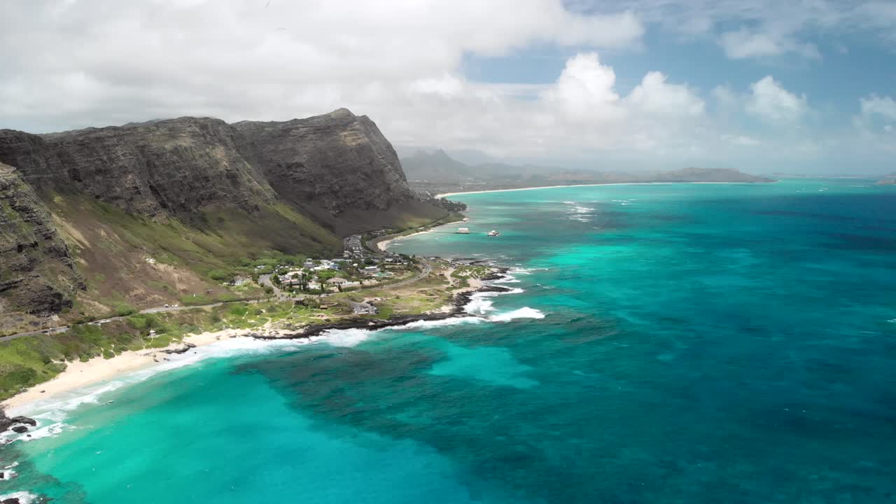 Version Two. Timelapse Aerial over Makapu'u Beach and Makapu'u Lookout with Beautiful Ocean, Clouds, Cliffs and Cars in Oahu, Hawaii