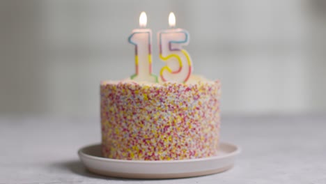 studio shot birthday cake covered with decorations and candle celebrating fifteenth birthday being blown out