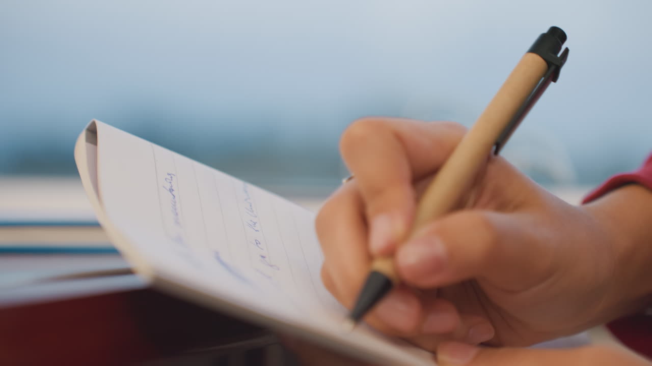 Closeup hands writing notes in spiral notebook, ballpoint pen tip, steady grip, neat script, table edge, blurred window backdrop, study session, revision focus on fine motor movement