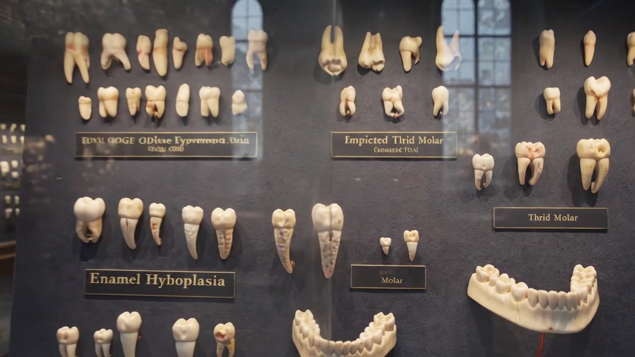 Collection of dental specimens arranged in a dark exhibition case for scientific study and laboratory analysis