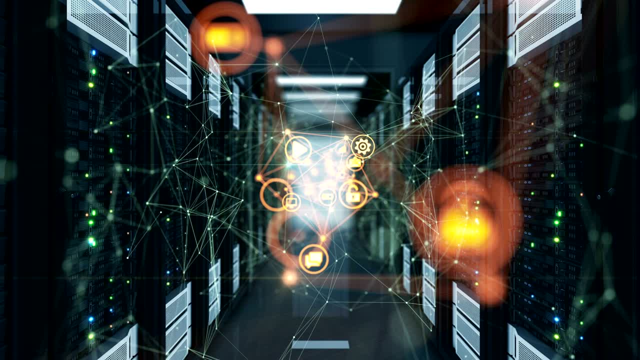 Beautiful Flowing Digital Network Icons with Growing Net Connections and Bright Flashes in Abstract Datacenter Server Racks Room. Looped 3d Animation. Futuristic Technology Concept.