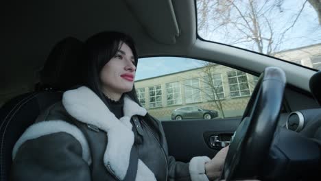 confident businesswoman driving her car, dressed in elegant business attire, showcasing independence and professionalism in a modern vehicle interior