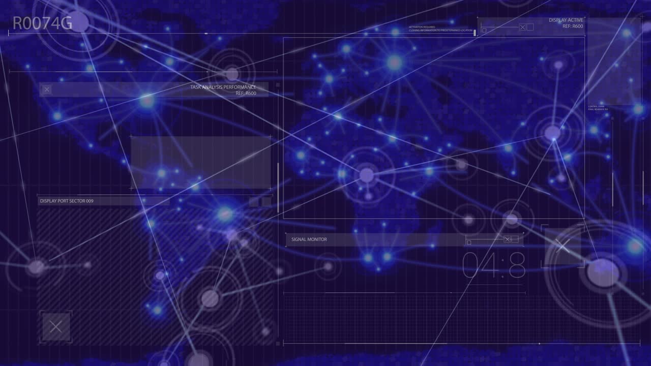 Animation of network of connections over data processing in blue and black space