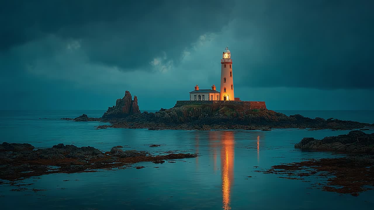 Un faro costiero sereno illumina il cielo notturno con la sua luce splendente, riflettendo le acque calme e la drammatica atmosfera nuvolosa in un paesaggio surreale