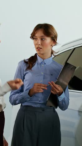 mujeres de negocios discutiendo un acuerdo de coche.