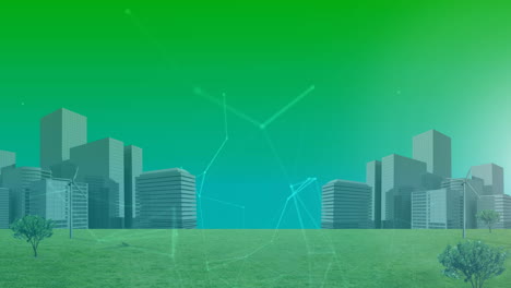 animation of networks of connections over cityscape on green background