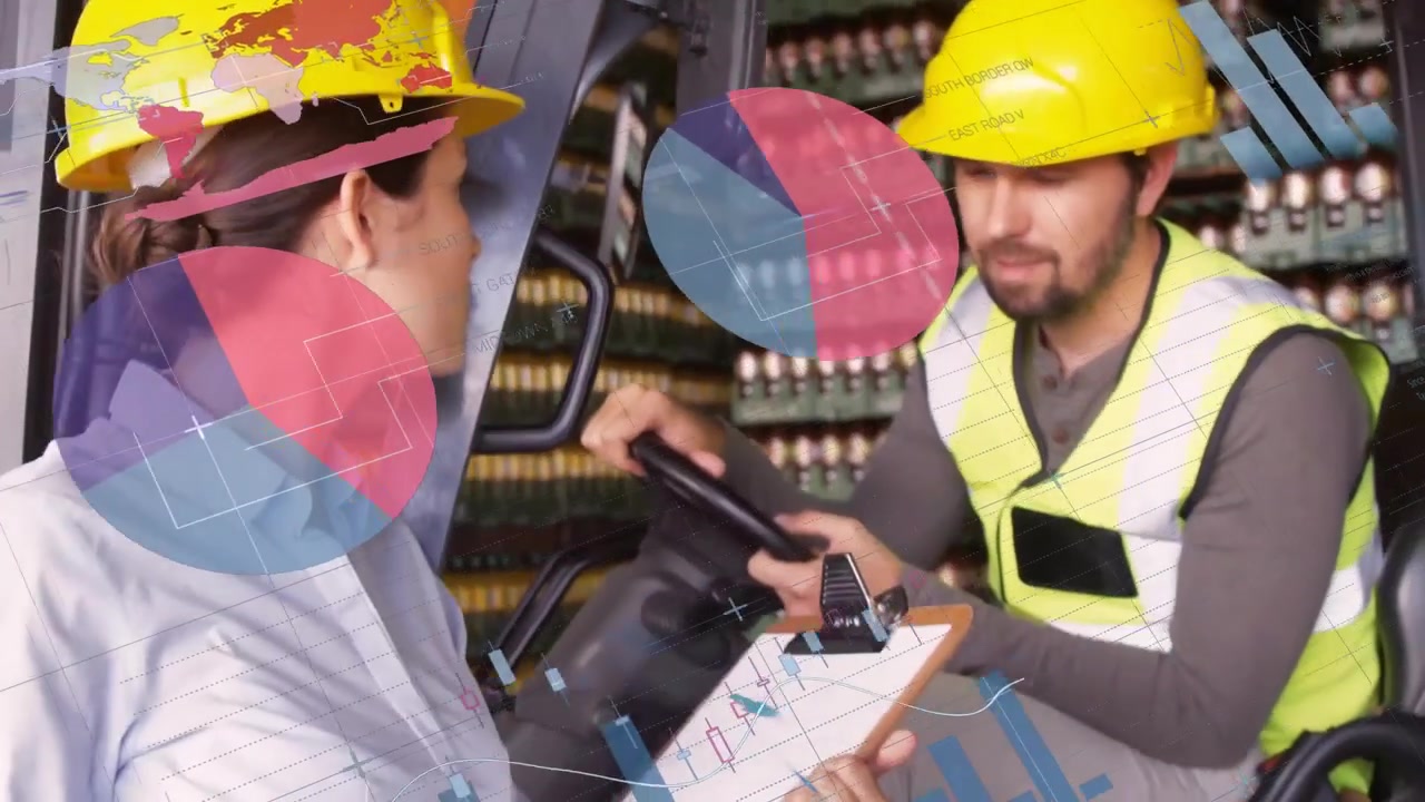 Warehouse lead swiping tablet and directing forklift operator placing crate with charts floating