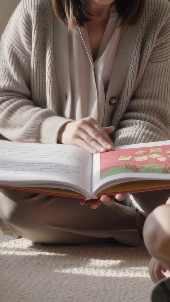 Video vertical: Mujer con cárdigan beige pasando una página y leyendo un libro infantil en casa, mostrando una página roja.
