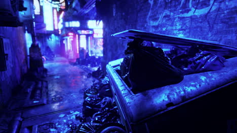 a cyberpunk alleyway with trash and neon lights