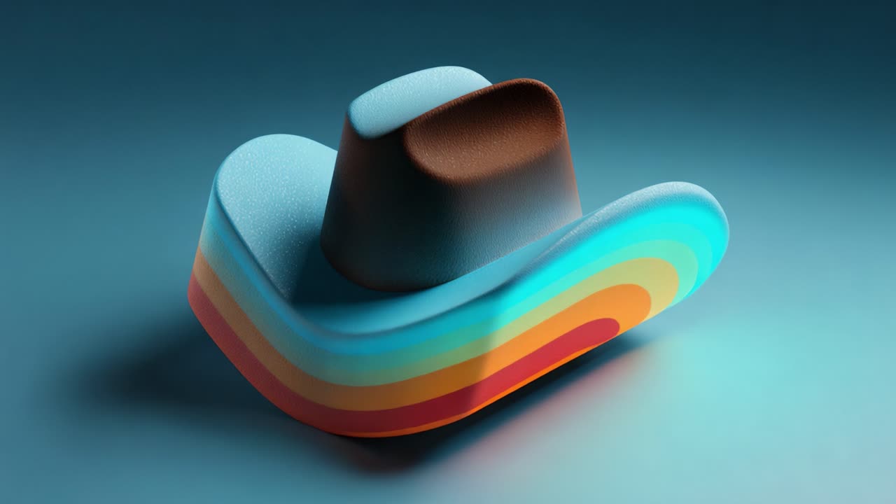 A Creative Fusion of Bold Colors and Shapes in a Unique Cowboy Hat Design, Featuring a Soft Blue Base with Vibrant Rainbow Stripes and Distinctive Brown Detailing
