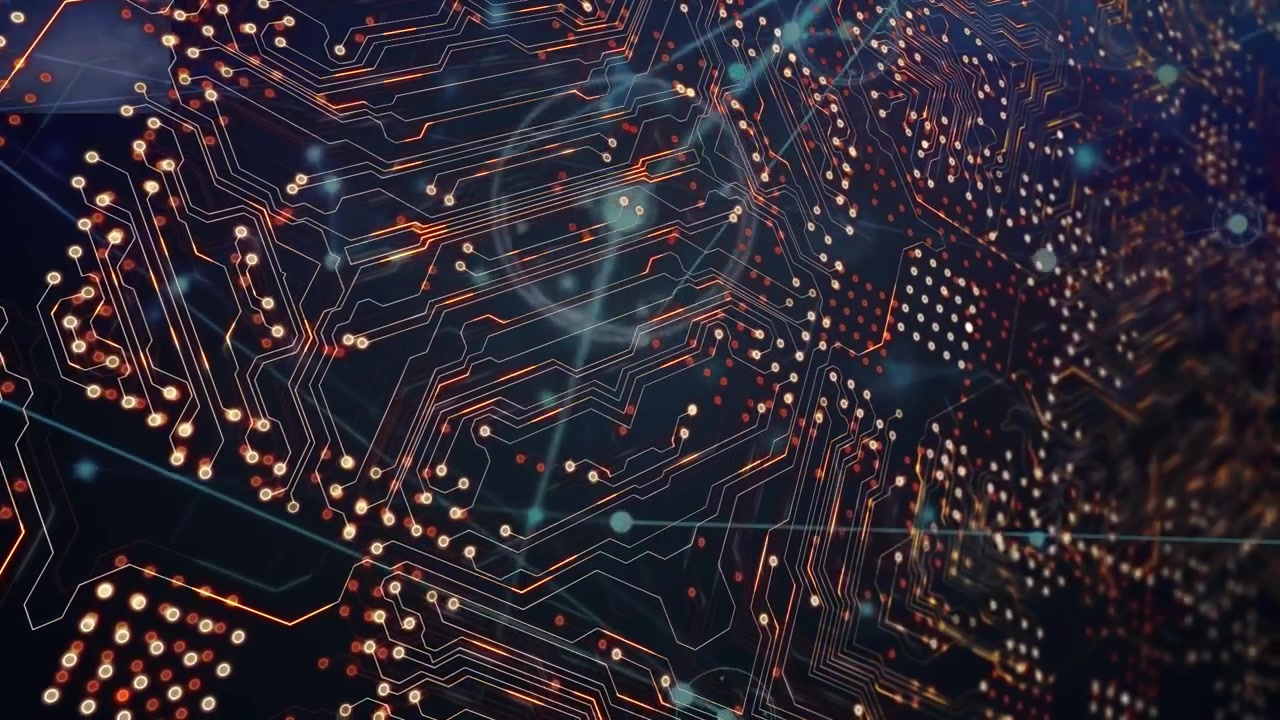Digital animation of microprocessor connections over network of connections against blue background